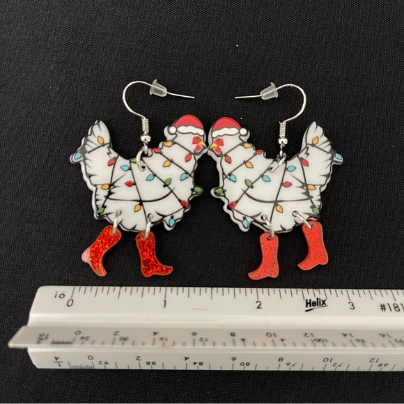 Tangled Christmas Lights Boot Wearing Hen Dangle Earrings - Red Boots - Picture 4 of 9